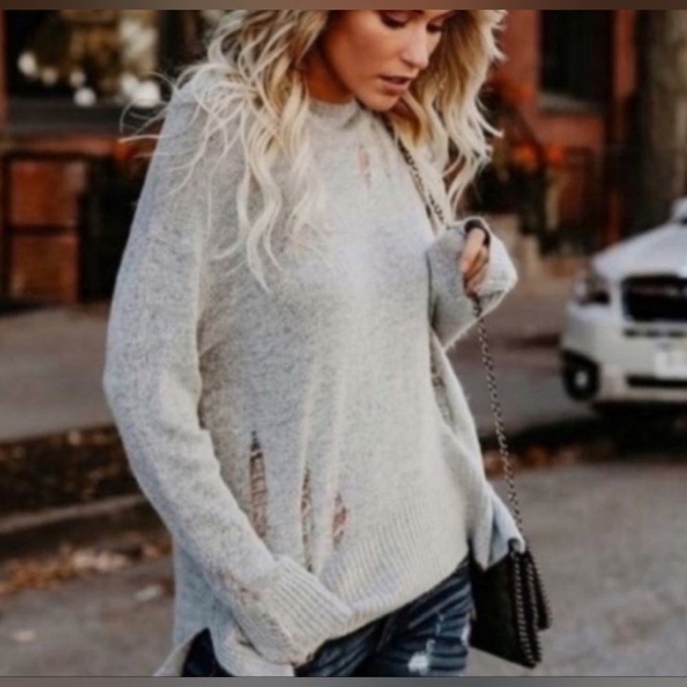 Olivaceous Vici Gray Distressed Crew Neck Sweater Fall Soft Relaxed Fit Slouchy